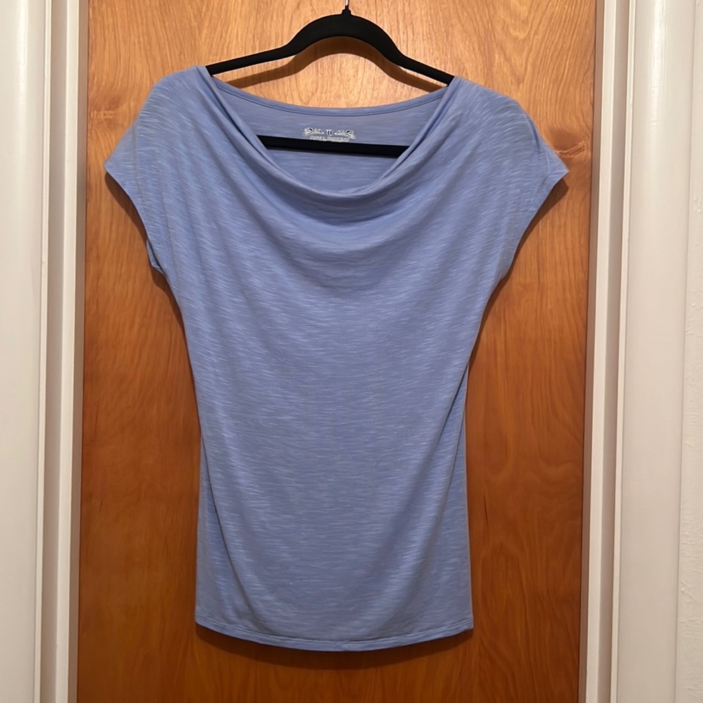 Royal Robins silky short-sleeve top. Size small. Light blue, almost violet blue.